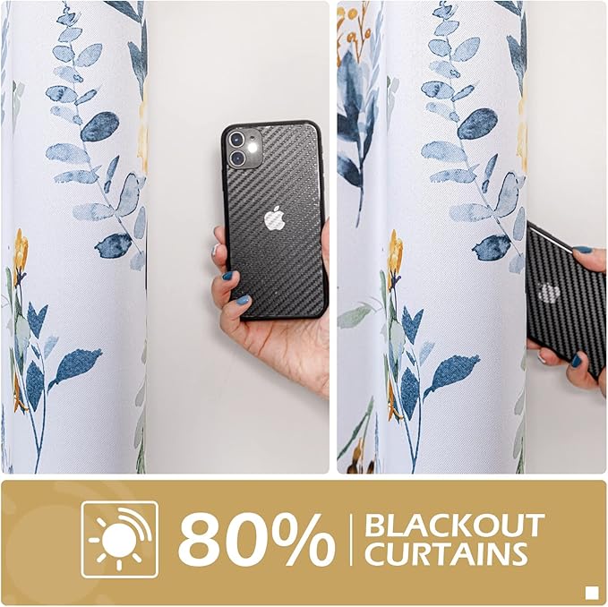 MYSKY HOME Floral Blackout Room Divider Curtains 80 inches Long for Bedroom Patio Sliding Door Thermal Insulated Privacy Curtains for Extra Wide Window Living Room, 2 PCs, Yellow and Blue, 52" Wide