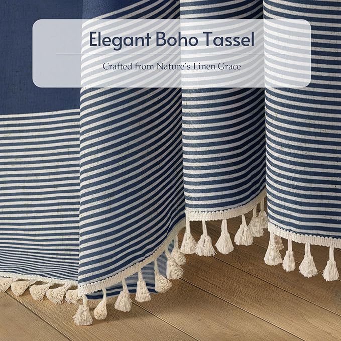 XOGUIBO Navy Blue Shower Curtain Linen Coastal Ocean Striped Shower Curtains for Bathroom with Tassel 72 X 84