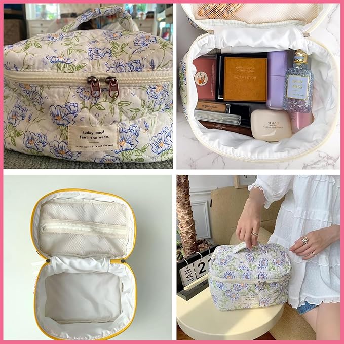 uekeboag Large Travel Quilted Makeup Bag for Women, Floral Cotton Cosmetic Bag, Coquette Aesthetic Floral Toiletry Organizer Bag