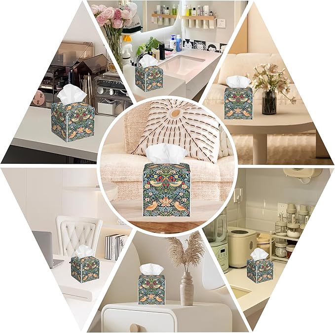 BLYKVGHQ Strawberry Thief Tissue Box Cover Square, William Morris Tissue Box Holder with Bottom Belt Leather Facial Paper Organizer Dispenser for Bathroom Bedroom Dresser Night Stand Tabletop