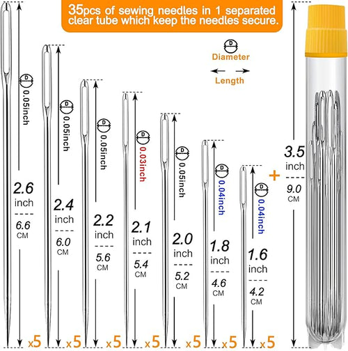 35 Pack Premium Large Eye Needles for Hand Sewing with 2 Needle Threaders, Assorted Sizes, Embroidery Needles for Hand Sewing, Sewing Needles Large Eye, Big Eye Needle