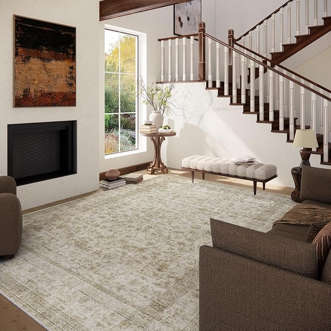 10x14 Area Rug Washable Rugs: Large Living Room Rug Stain Resistant Non Slip Distressed Vintage Low Pile Faux Wool Soft Carpet for Bedroom Farmhouse Dining Room Kids Playroom Nursery