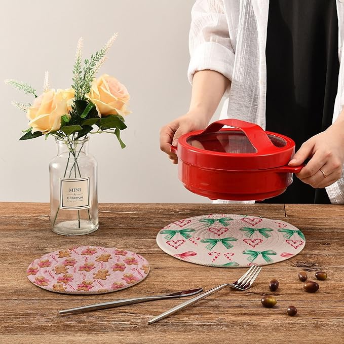 Valentine's Day Hearts Love Trivet Mat 2PCS Round Woven Potholders Kitchen Table Countertop Protector Hot Pads Farmhouse Coasters Counter Mats for Cooking Baking