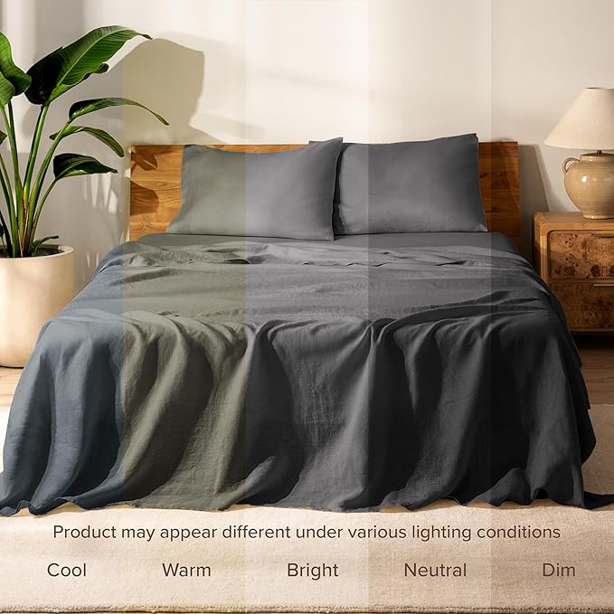Bare Home King Sheet Set - Luxury 100% European Linen - Deep Pockets - Easy Fit - 4 Piece Set - Bedding Sheets & Pillowcases (King, Dark Grey)