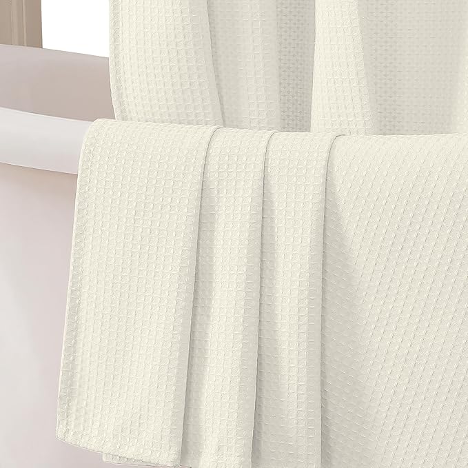 OVZME Long Fabric Shower Curtain Set, Waffle Textured Shower Curtain for Bathroom - Weight 230GSM Heavy Duty Hotel Spa Luxury Bath Curtain Set with 12 Plastic Hooks, 72x78, Cream