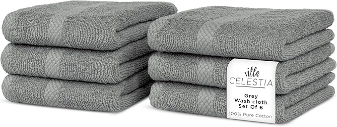 Villa Celestia 100% Cotton Wash Cloth for face & Body Set of 6, (12 x 12 inches) Sustainable, Soft, Highly Absorbent, Combed Cotton Wash Cloths Pack of 6 for Hotels, Spa, Bathroom, Dorm, Grey