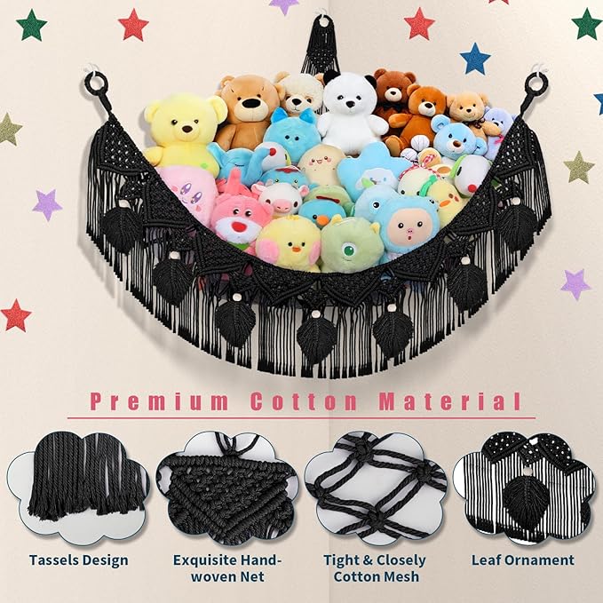 Stuffed Animal Storage Hammock Corner, 56'' Jumbo Boho Macrame Leaf Hanging Stuff Animal Holder for Teddy Plushie, Black Stuffed Animal Net Toy Storage w/Star Lights for Baby Girl Boy Gift