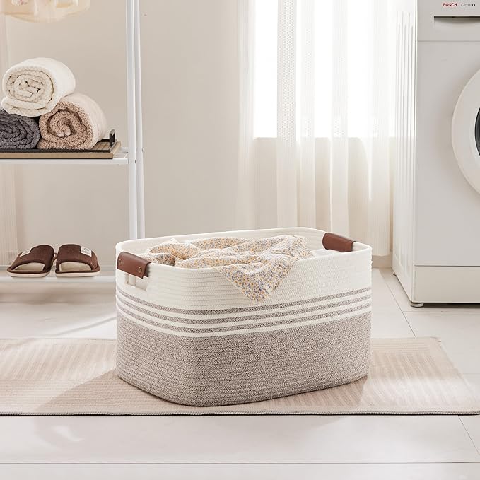 SunNewt 60L Large Laundry Basket with Leather Handles for Living Room Storage, Woven Rope Baskets Bin for Blanket, Kids Toy, Gifts, Wicker Hamper for Bedroom Dirty Clothes, White Brown