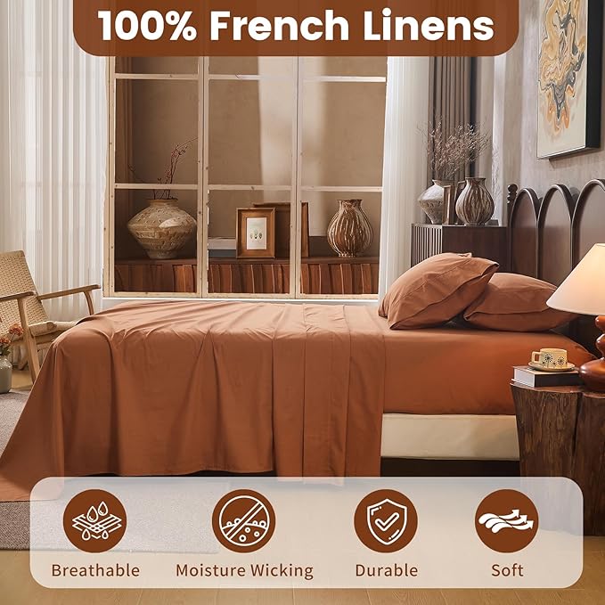 100% Linen Sheets King Size,Breathable & Durable 4-Piece Bed Flax Sheet Set,Soft All-Season Bedding for Hot Sleepers 16" Deep Pocket Oeko-TEX Certified,（King, Brown）