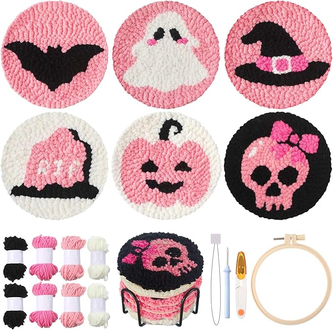 Yaomiao 6 Pcs Halloween Punch Needle Coaster Kit Punch Needle Embroidery Kits with Patterns Yarns Tools Adhesive Felt Embroidery Hoop Instruction Holder for Adult DIY Craft Supplies