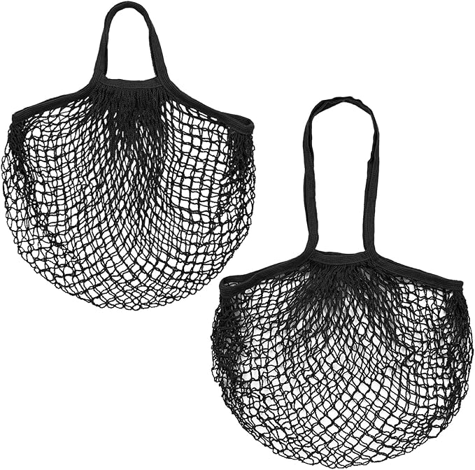 M METERXITY 2-Pack Cotton Mesh Bag, Reusable Washable Mesh Net String Grocery Bags, Reusable Produce Bags with Handle, Net Tote Bag for Fruits/Vegetables Shopping [Black, Long&Short Handle]