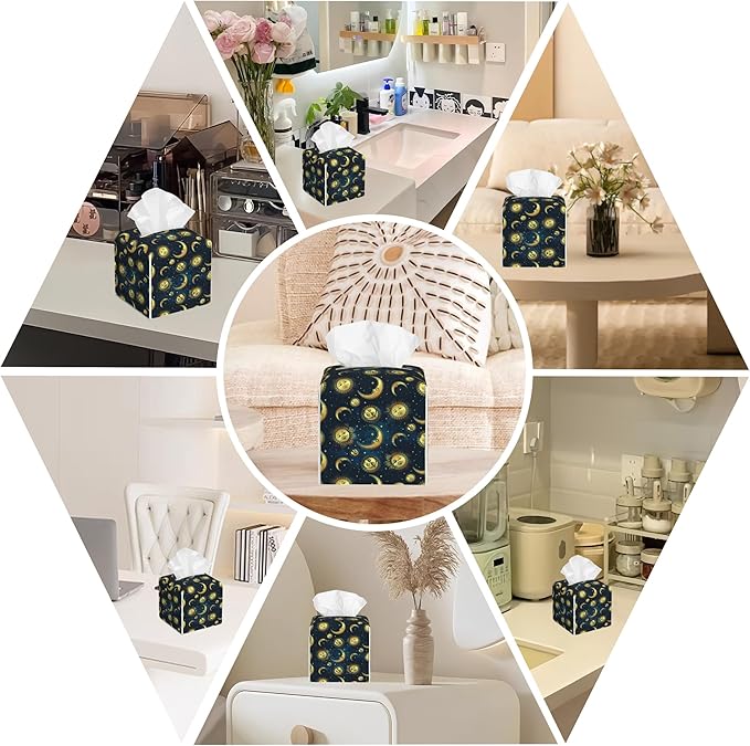 BLYKVGHQ Square Tissue Box Cover Sun Moon Stars Tissue Box Holder Facial Cube Paper Dispenser Leather Decorative Organizer Home Office Desk Decor, 5.2"x5.2"x5.2"