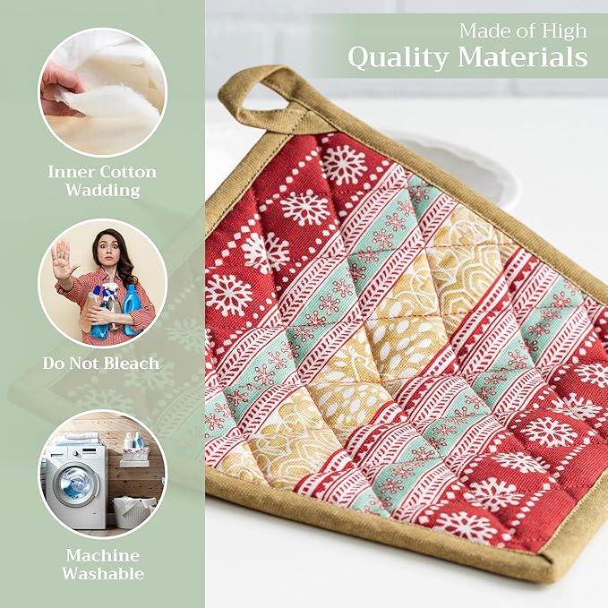 Maison d' Hermine Pot Holders Set 100% Cotton Heat Resistant Potholders 8" x 8" Hot Pads with Loop for Thanksgiving Christmas Decorations BBQ Cooking Baking Handling Hot Pans (Pack of 2, Sofia)