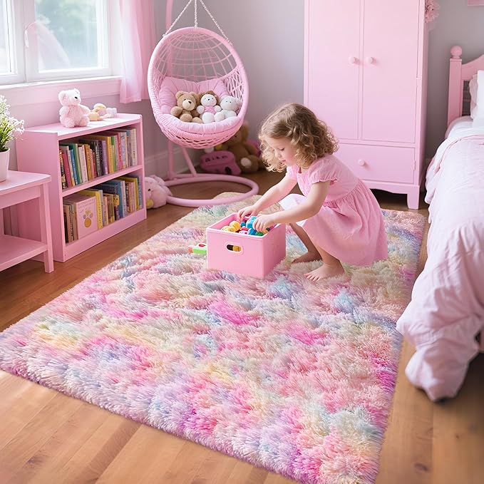 3x5 Pastel Rainbow Rug for Girls Bedroom, Fluffy Colorful Unicorn Rug for Kids Room Cute Floor Carpets Shaggy Playing Mat for Toddler Baby Girls Room Nursery Home Tie-Dyed Rainbow Rugs