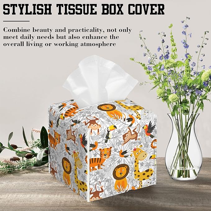 OHEGBXE Flowers and Leaves Tissue Box Holder Tropical Animals Square Leather Tissue Box Cover Modern Cube Facial Paper Cover Case for Bathroom Vanity Countertop Night Stands Tabletop