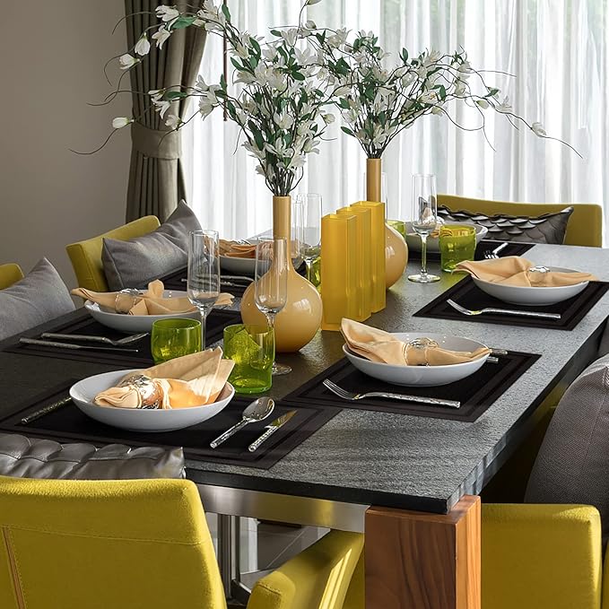 Winknowl Placemats Set of 8，Heat Resistant Woven Vinyl Washable PVC Place Mats，Non-Slip Stain Resistant Indoor/Outdoor Table Mats for Dining Table (Black Brown)