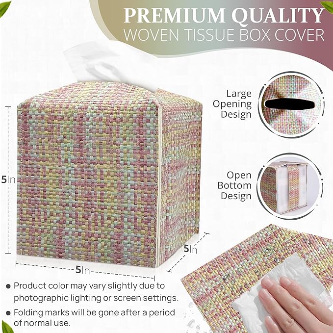 Azormi Tissue Box Cover, PU Leather Square Tissue Box Holder with Woven Pattern, Cube Tissue Box Covers with Bottom Belt, Perfect Decorative Organizer for Tabletop, car, Office, Bathroom, 5 x 5 x 5