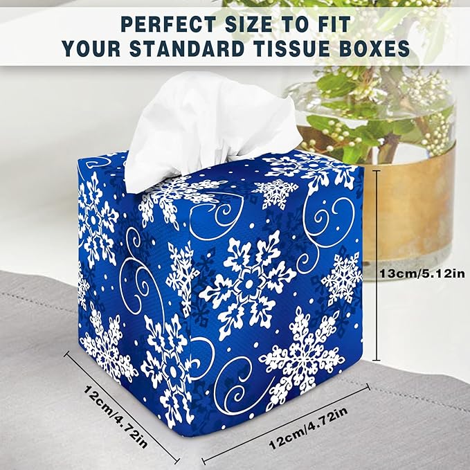 Tissue Box Cover Square Decorative Tissue Box Holder Cute Funny Cube Tissue Case Cover-Xmas Decor Snowflake Tissue Box Cover
