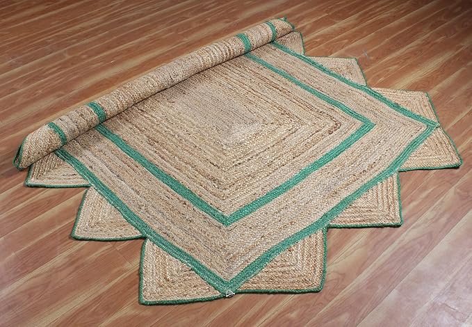 Scalloped Edge Rug, Hand Woven Natural Jute Area Rug, 8x11 Ft Beige & Green Braided Sisal Kilim Rugs for Living Room, Kitchen, Entryway, Farmhouse