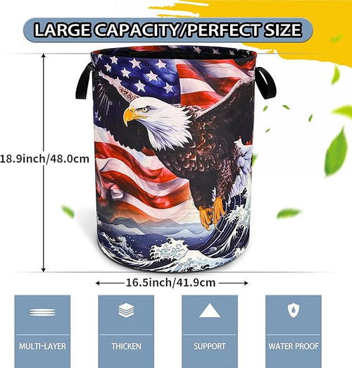 American Flag Eagle Wave Laundry Basket Foldable Oxford Cloth Funny Tote Bag Laundry Hamper Clothes Storage Bucket Toy Organizer For Bathroom/Laundry Storage/Bedroom 18.9x16.5 Inch