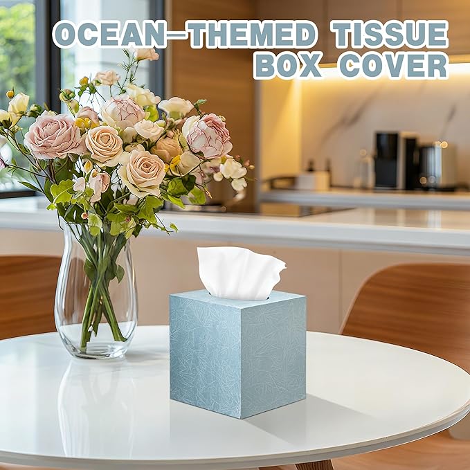 Tissue Box Cover Square, Blue Wooden Tissue Box Holder with Slide-Out Bottom, Decorative Cube Wall Mounted Tissue Holder for Desktop Nightstand Bathroom Office, Modern Farmhouse Home Decor