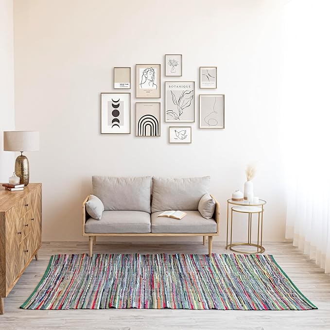 HOMEMONDE Boho Chindi Rag Rug 3'x5' Multi Green Recycled Soft Cotton Fabric Hand Crafted Reversible Boho Rugs for Bedroom, Living Room, Kitchen, Entyrway