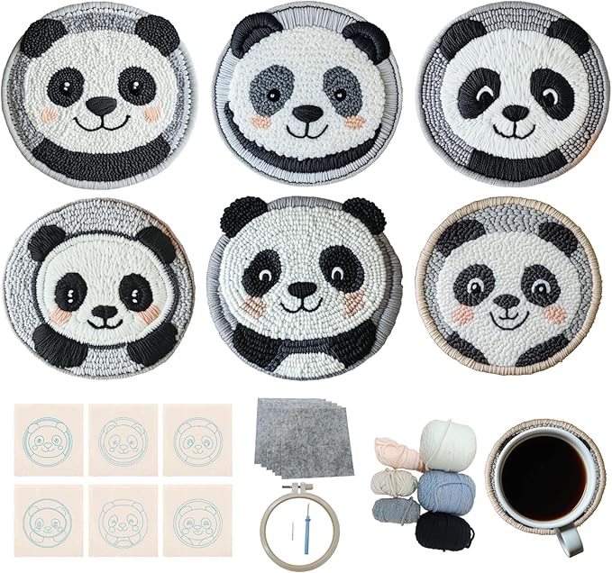 57lilina Punch Needle Coaster Kit for Adults Beginners, 6 Set Complete Animal Panda Punch Needle Stitching Embroidery Art Kit, Step-by-Step Guide Make Punch Needling Drink Coasters for Starter