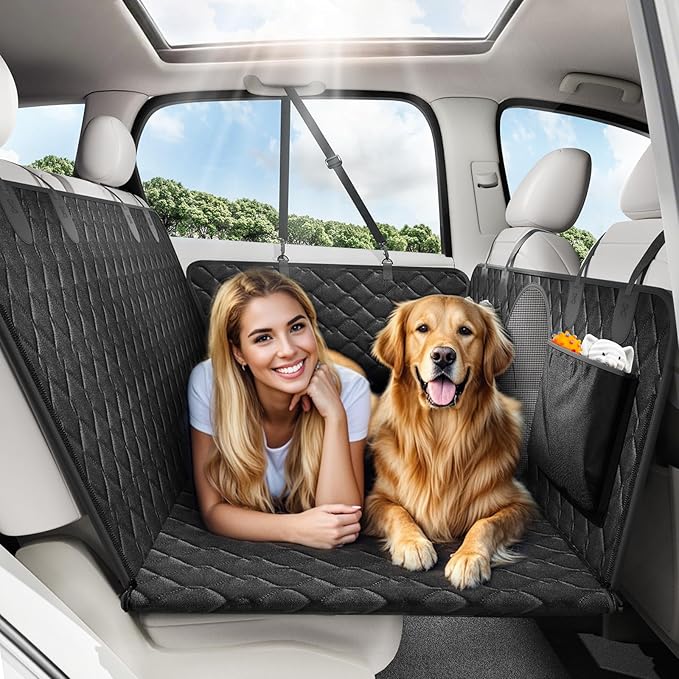 Tivray Back Seat Extender for Dogs, Dog Car Seat Cover for Back Seat Hard Bottom - Holds 330lbs Waterproof Cover for Dogs with Mesh Window & Pocket, Dog Hammock for Car, Small Truck, Black + Black