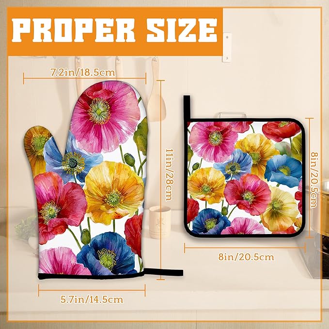 Poppy Flower Oven Mitts and Pot Holders,Pink Yellow Blue Heat Resistant Oven Mitts Gloves and Pot Holder for Home Kitchen Decorations Cooking Baking BBQ Gifts,Set of 4