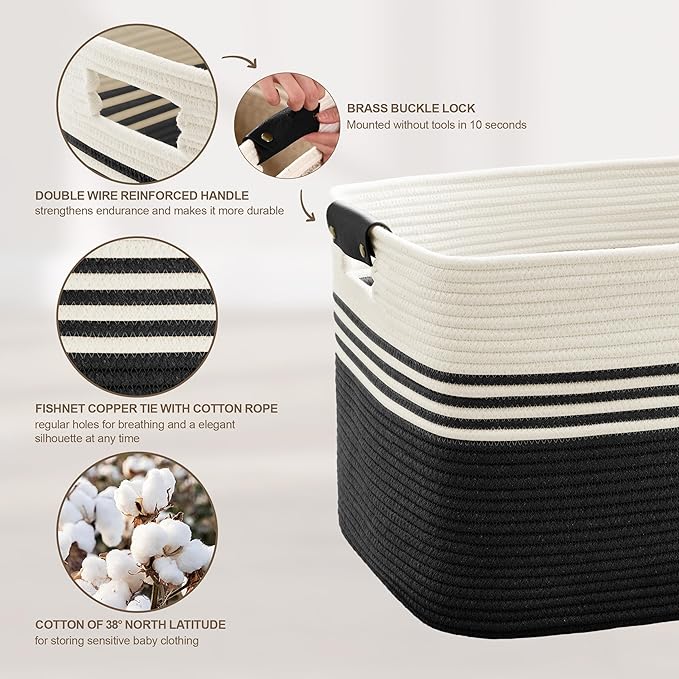 SunNewt 45L Small Laundry Basket with Leather Handles for Living Room Storage, Woven Rope Baskets Bin for Blanket, Kids Toy, Gifts, Wicker Hamper for Bedroom Dirty Clothes, 18"x14"x11" White Black