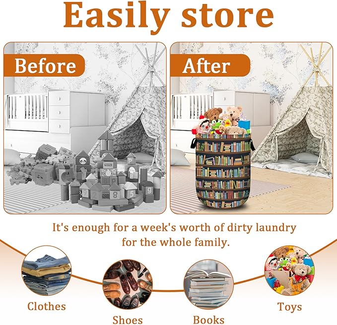 Bookshelf Laundry Basket with Sturdy Handles, Books Collapsible Oxford Cloth Laundry Hamper Organizer Basket for Bathroom Bedroom 15.7x20 Inch