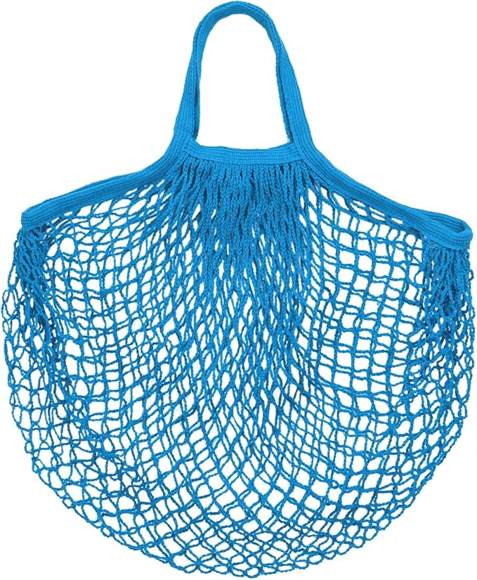 M METERXITY 1-Pack Cotton Mesh Bag, Reusable Washable Mesh Net String Grocery Bags, Reusable Produce Bags with Handle, Net Tote Bag for Fruits/Vegetables Shopping [Blue, Short Handle]