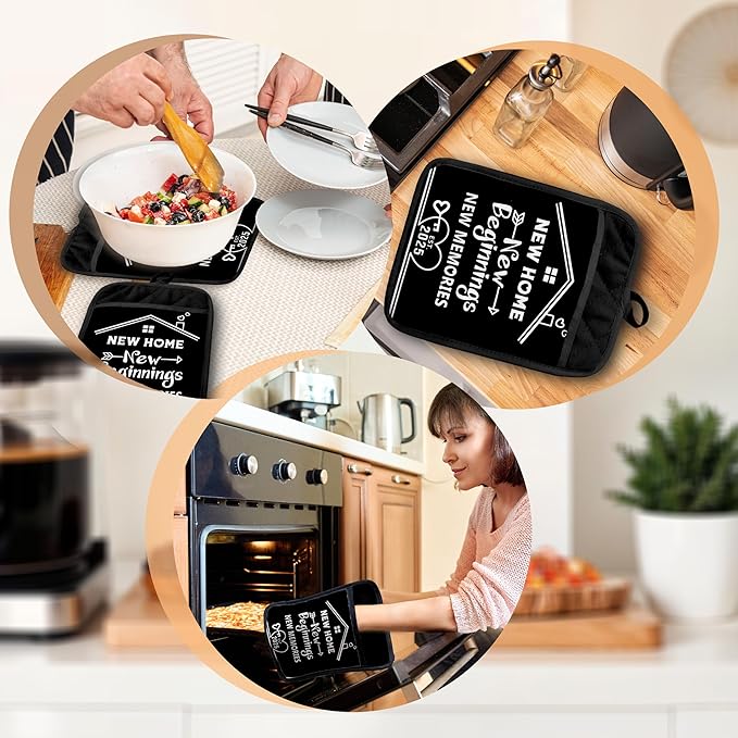 Housewarming Gifts Pot Holders with Pockets, New Home New Beginnings Memories Oven Pot Holders Heat Resistant Oven Mitts Hot Pads for Kitchen Baking Cooking