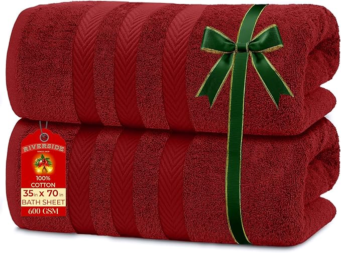 RIVERSIDE Pack of 2 Extra Large Bath Sheets 35 x 70 Inches - 100% Ring Spun Cotton Hotel Quality Oversized Bath Towels - Super Soft, Highly Absorbent & Quicker to Dry - Red