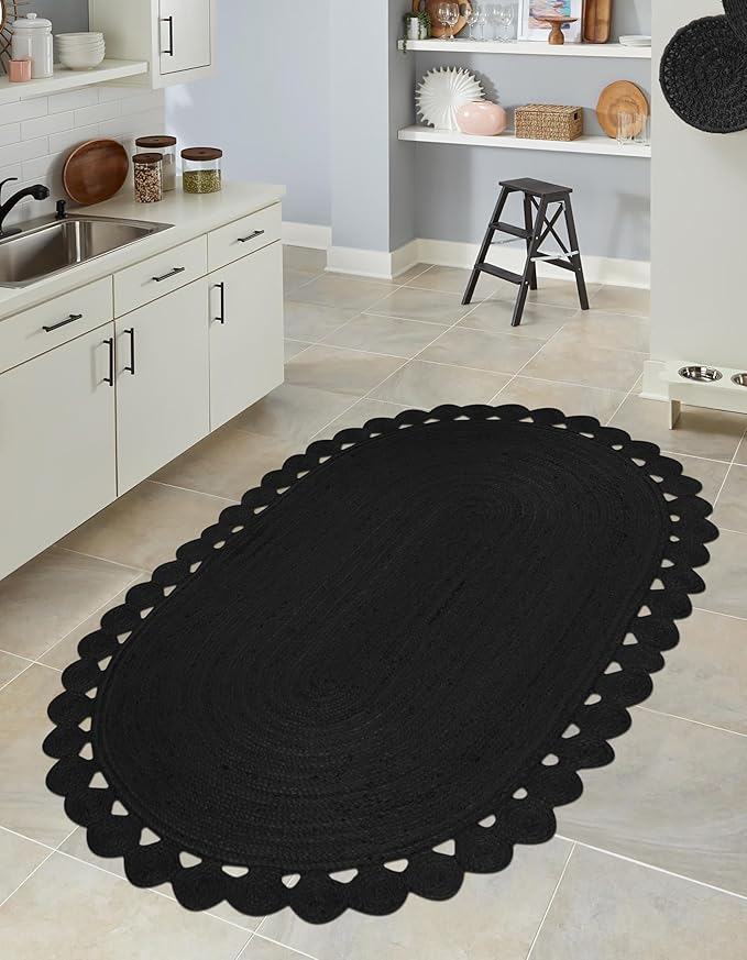 Runner Oval Rug 5x10 Area Rug Solid Pattern Kilim Rug Black Solid Design 0.27 inches ThickIndoor Outdoor Rug Flatweave Rug Indian Artisans Rugs for Home & Foyer Corridor Hallway & Stair Runner