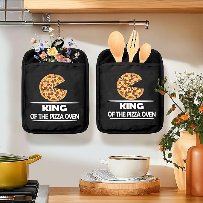 Funny Oven Mitts Set, Funny Pizza Themed Gifts for Lovers, King of The Pizza Heat Resistant Kitchen Oven Gloves for Baking and Cooking,Pot Holders