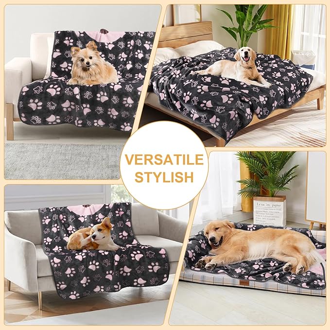 Gowyeg Dog Blankets for Large Dogs,Washable Pet Blanket, Soft Crate Bed with Paw Pattern for Kennel/Couch, Grey & Pink 80x60 Inch