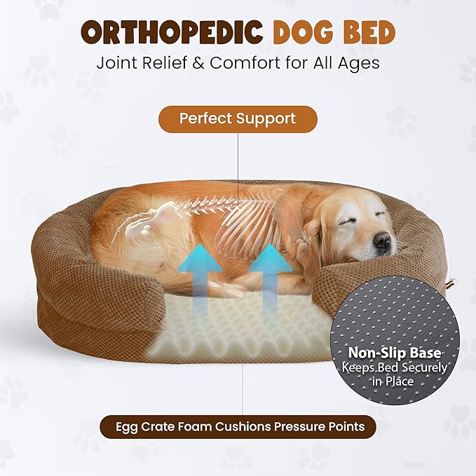 Miorun XXL Dog Bed for Extra Large Dogs – Orthopedic Egg Crate Foam Couch with Bolster, 4.7-inch Thick, Washable Removable Cover, Plush Sofa Pet Bed, XLarge Sized, 52"x40", Camel