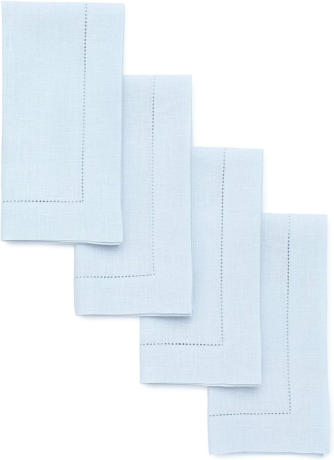 Solino Home Light Blue Linen Napkins Set of 4-100% Pure Linen Hemstitch Dinner Napkins 20 x 20 Inch for Winter, Spring, Easter - Classic Hemstitch