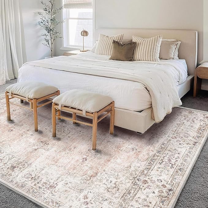Washable Area Rug 3'x5' Vintage Traditional Floor Cover Foldable Thin Rugs Retro Kitchen Indoor Distressed Non Slip Carpet Floral Print Mat Bedroom Living Room