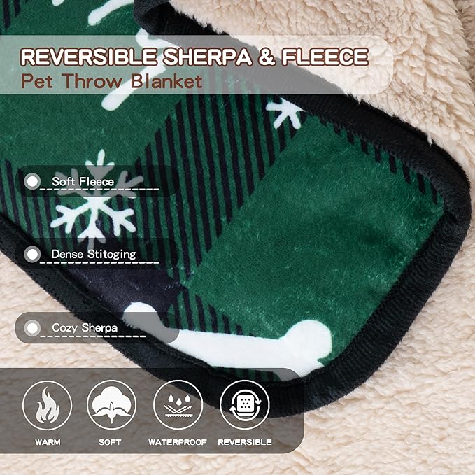 CAPT.SNOOZE Waterproof Dog Blankets Pet Blanket 50"x60", Soft Fluffy Sofa Car Bed Protector, Reversible Sherpa Fleece Dog Blanket for Large Dogs Christmas Decor(Christmas Green)