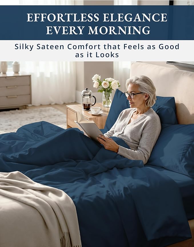 100% Egyptian Cotton Queen Bed Sheets Set - 1000 Thread Count Autthentic Long Staple Cotton Bed Sheets, Breathable Winter Comfort, Ultra-Soft Hotel Luxury Comfort with 15" Deep Pocket - Estate Blue