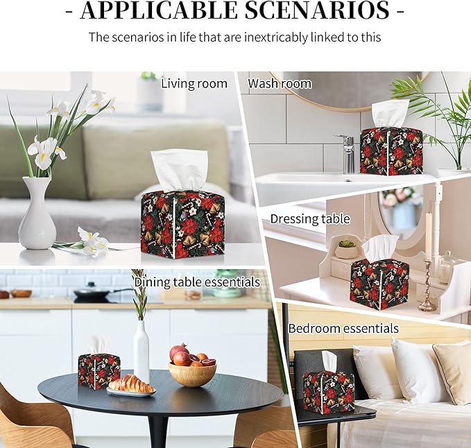 Christmas Poinsettia Flowers Tissue Box Cover Square,Xmas Bells Candy Cane Tissue Box Holder Waterproof Leather Facial Paper Organizer Dispenser for Bathroom Home Car Nightstand Vanity Desk