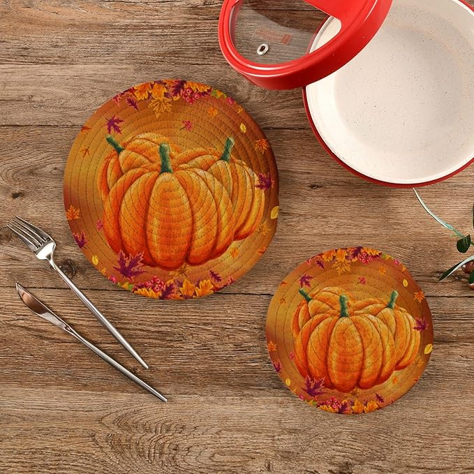 Boccsty Pumpkin Autumn Leaf Trivet Mat 2PCS Round Woven Potholders Kitchen Table Countertop Protector Hot Pads Farmhouse Coasters Counter Mats for Cooking Baking