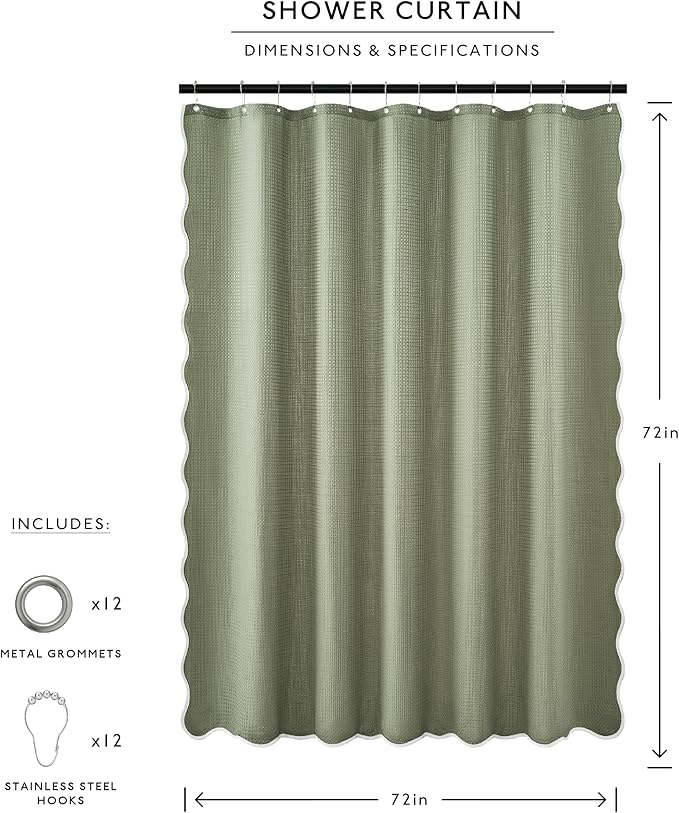 MONDAY MOOSE Scalloped Waffle Weave Shower Curtain with Rustproof Metal Grommet Holes for Bathroom, Machine Washable, Hooks Included (72x72 inch, White/Sage)