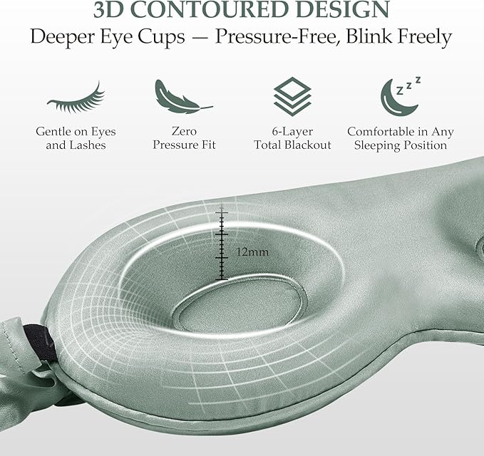 SGMSILK 100% Mulberry Silk Sleep Mask for Unisex, 22 Momme 3D Silk Contoured Eye Mask, Breathable Light Blocking Blindfold with Adjustable Strap, Blackout Eye Cover for Travel, Grayish Green