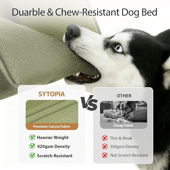 Sytopia 42 Inch Indestructible Dog Beds for Large Dogs, Canvas Outdoor Chew Proof Dog Bed, XL Orthopedic Pet Bed with Waterproof & Washable Removable Cover, Non‑Slip Bottom, Green