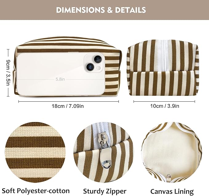 STARDW Striped Cotton Makeup Bag, Cute Cosmetic Pouch with Canvas Lining & Zipper, Travel Toiletry Bag