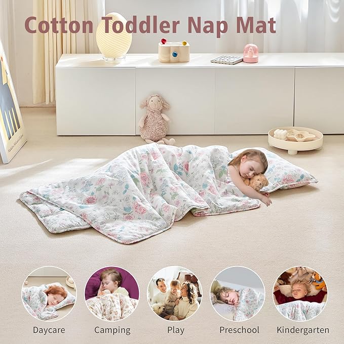 DuShow Cotton Toddler Nap Mat Floral for Girls,Roll Up Slumber Bags,Toddler Nap Mat with Removable Pillow, Kids Sleeping Mat for Daycare and Preschool Kindergarten-Flower