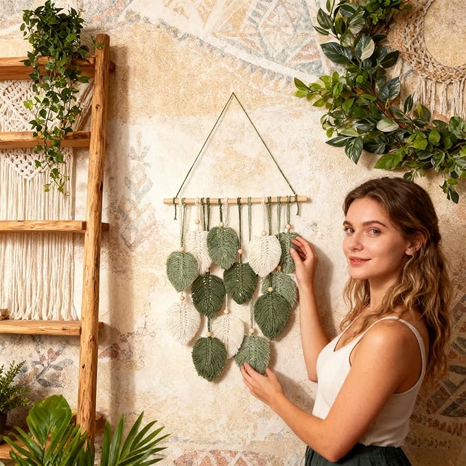 DIY Macrame Leaf Wall Hanging Beginners Macrame Kit, Includes Detailed Step-by-Step Instructions, Boho Macrame Leaf Tapestry Kit Wall Hanging, Handmade Enthusiast Gift for Home Living Room Bedroom
